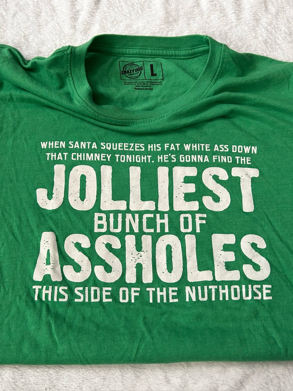 Crazy Dog T-Shirts Green Short Sleeve Tee with White Holiday Text
